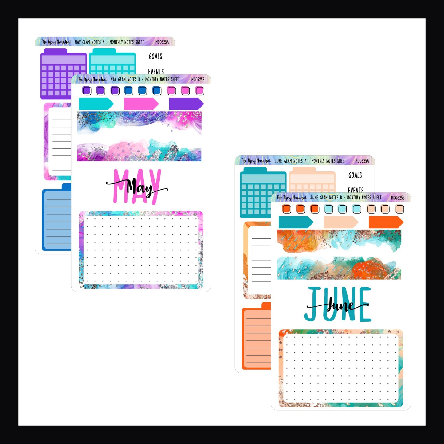 May and June Monthly Note Page Kits.  May features a color palette of purple, blues, and bright pink.  June features a color palette of tangerine, peach, and aquas. 