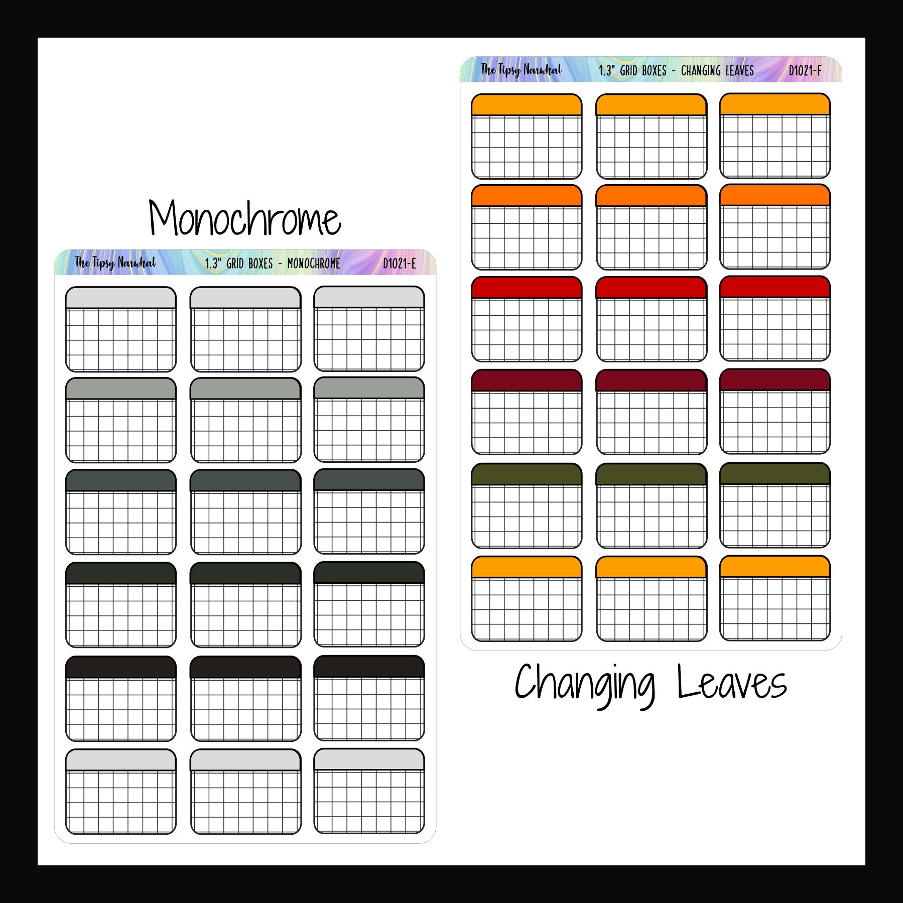 functional stickers 1.3 inch grid boxes monochrome and changing leaves variants shown