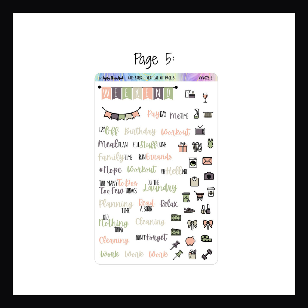 Sticker sheet with icons and text on a white background