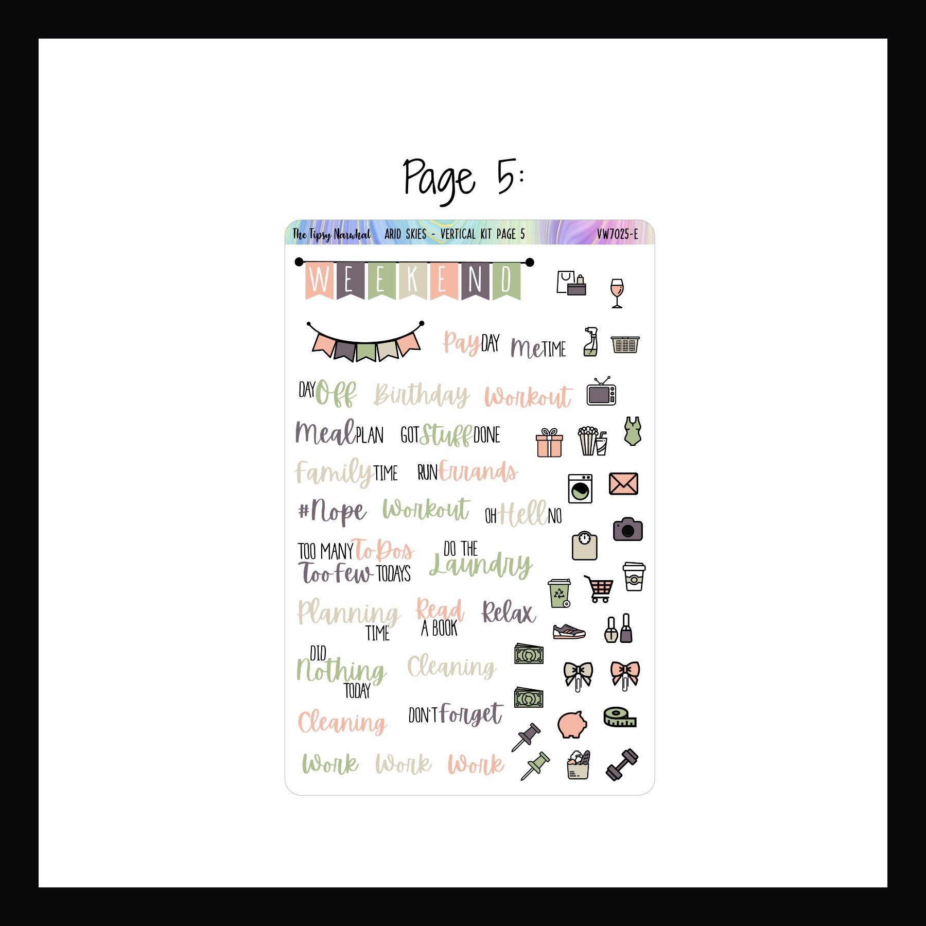 Sticker sheet with icons and text on a white background