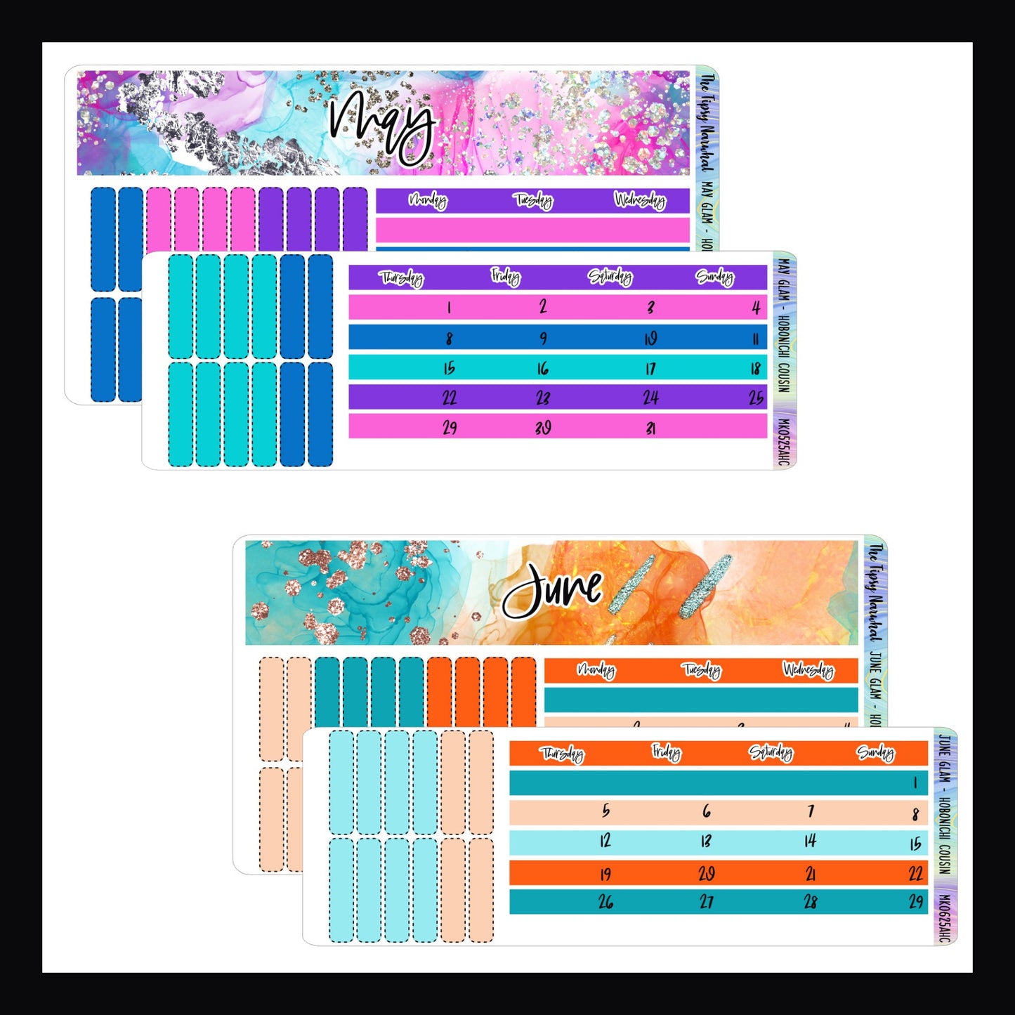 May and June Glam Monthly Kits for the Hobonichi Cousin.  May features a blue, pink and purple color palette with a silver glitter accent.  June features a tangerine and aqua color palette with copper glitter accents. 
