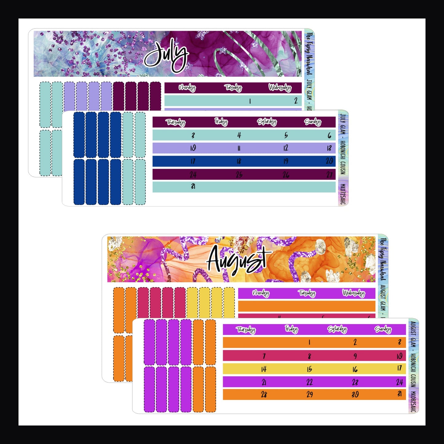 July and August Glam Monthly Kit for Hobonichi Cousin.  July features a lilac blue and dark violet color palette with purple and silver glitter.  August features a bright orange, yellow and magenta palette with gold and magenta glitter accents. 