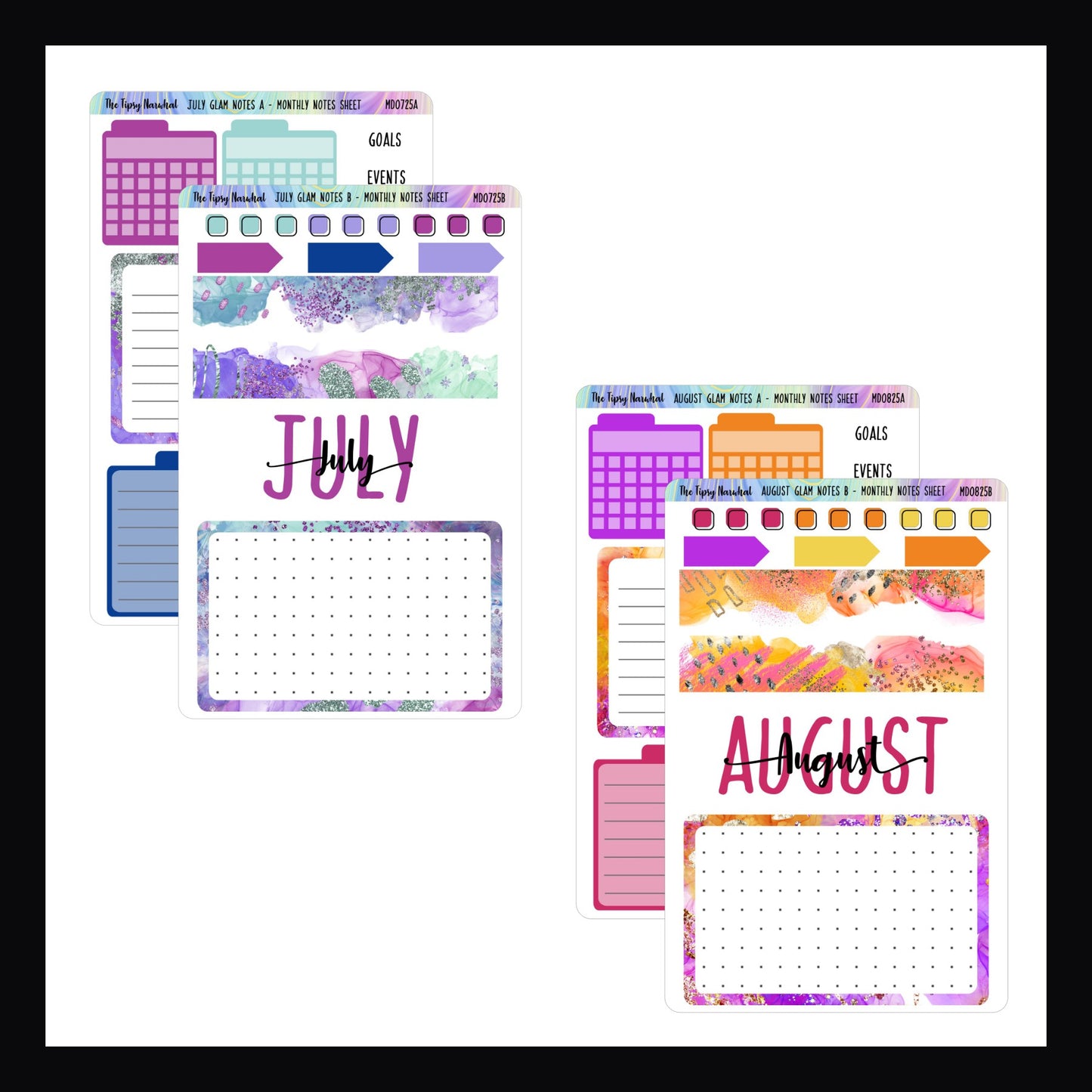 July and August Monthly Note Page Kits.  July features a violet, lavender, and blue color scheme.  August's color palette consists of violet, bright orange, yellow, and red. 