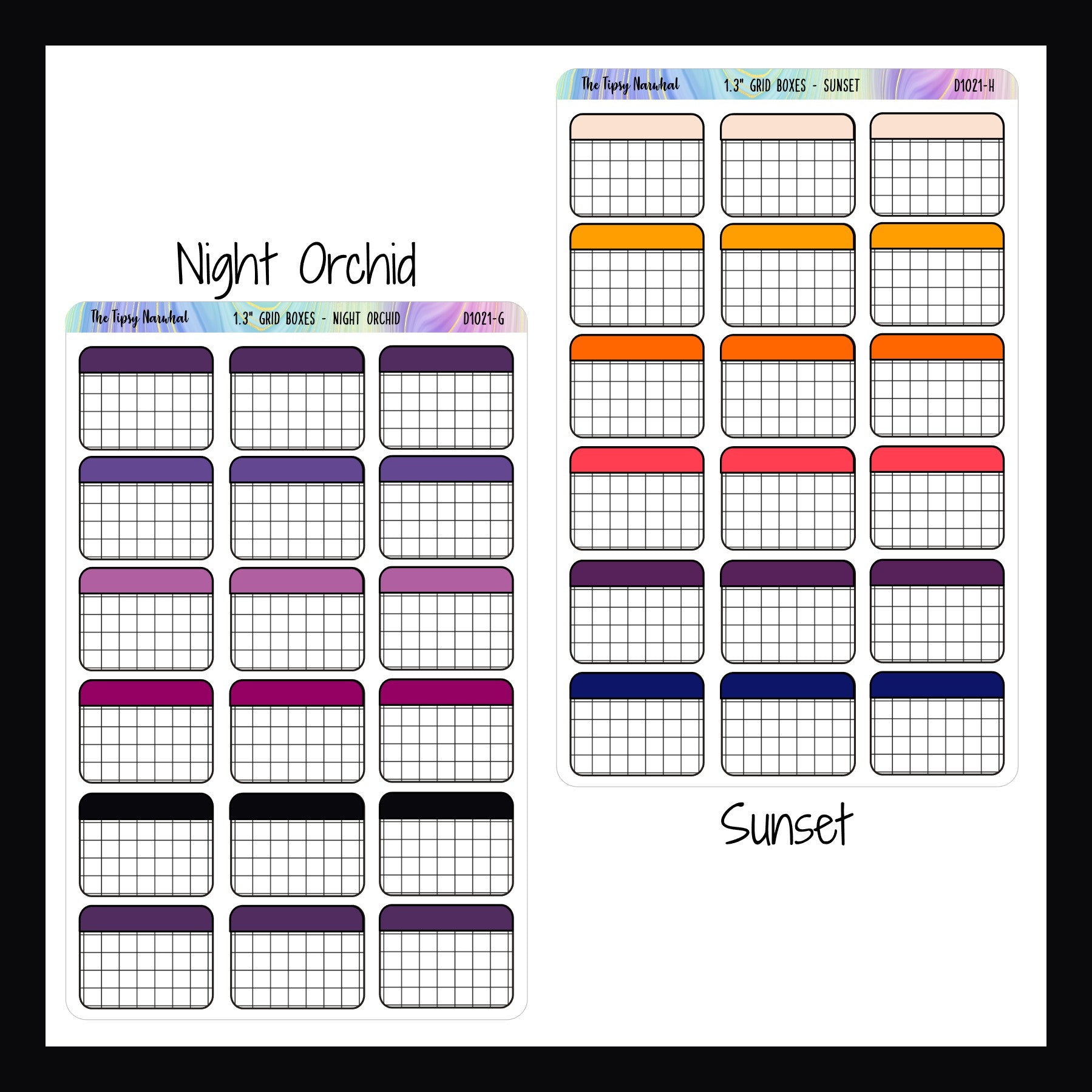 functional stickers 1.3 inch grid boxes night orchid and sunset variants shown