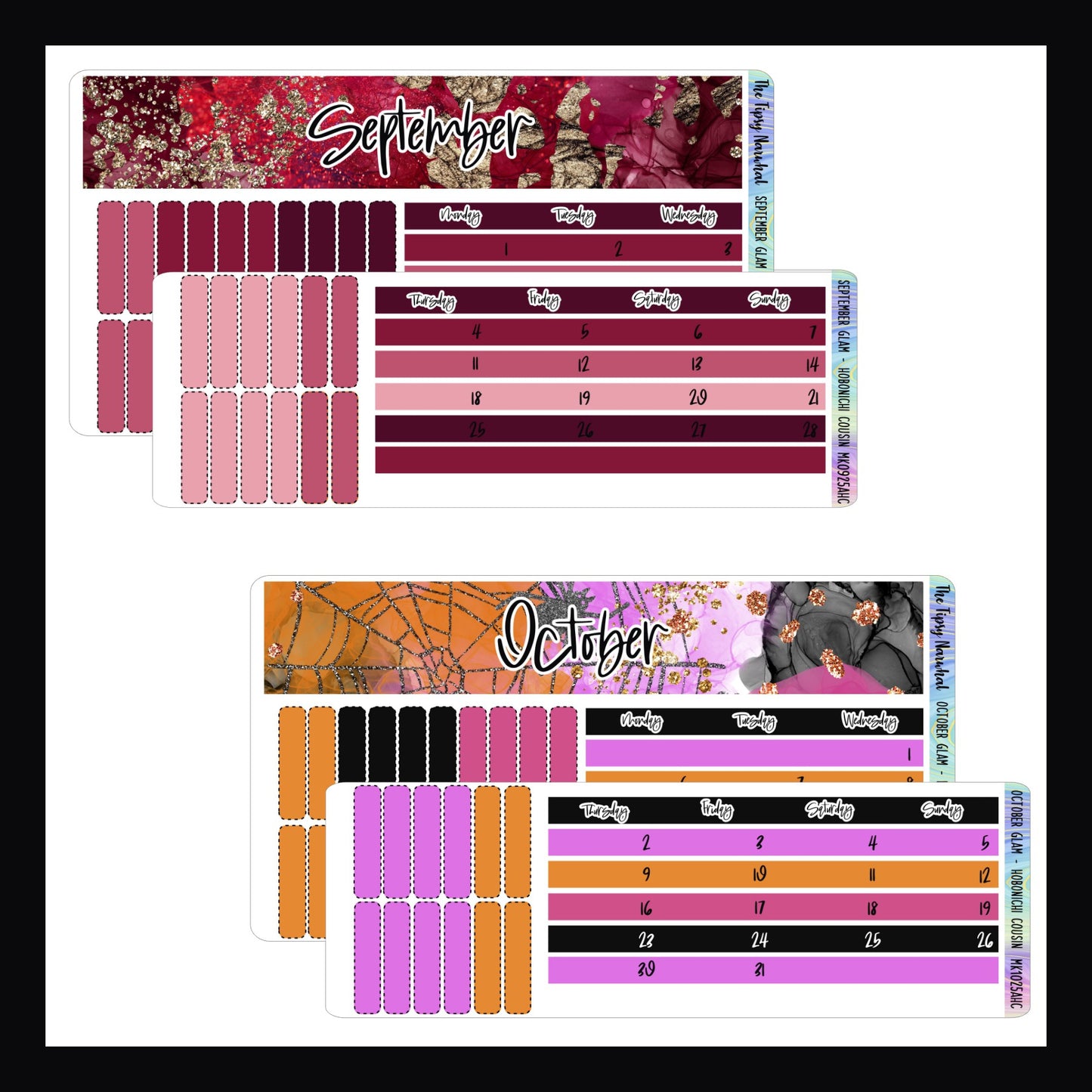 September and October Glam Monthly Kits for Hobonichi Cousin.  September features a deep red color palette with gold glitter.  October features a pink orange and black color theme with black and rose gold glitter. 