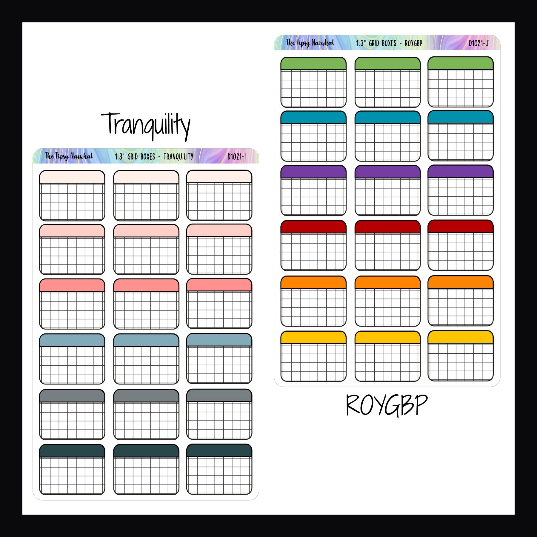 functional stickers 1.3 inch grid boxes tranquility and ROYGBP variants shown