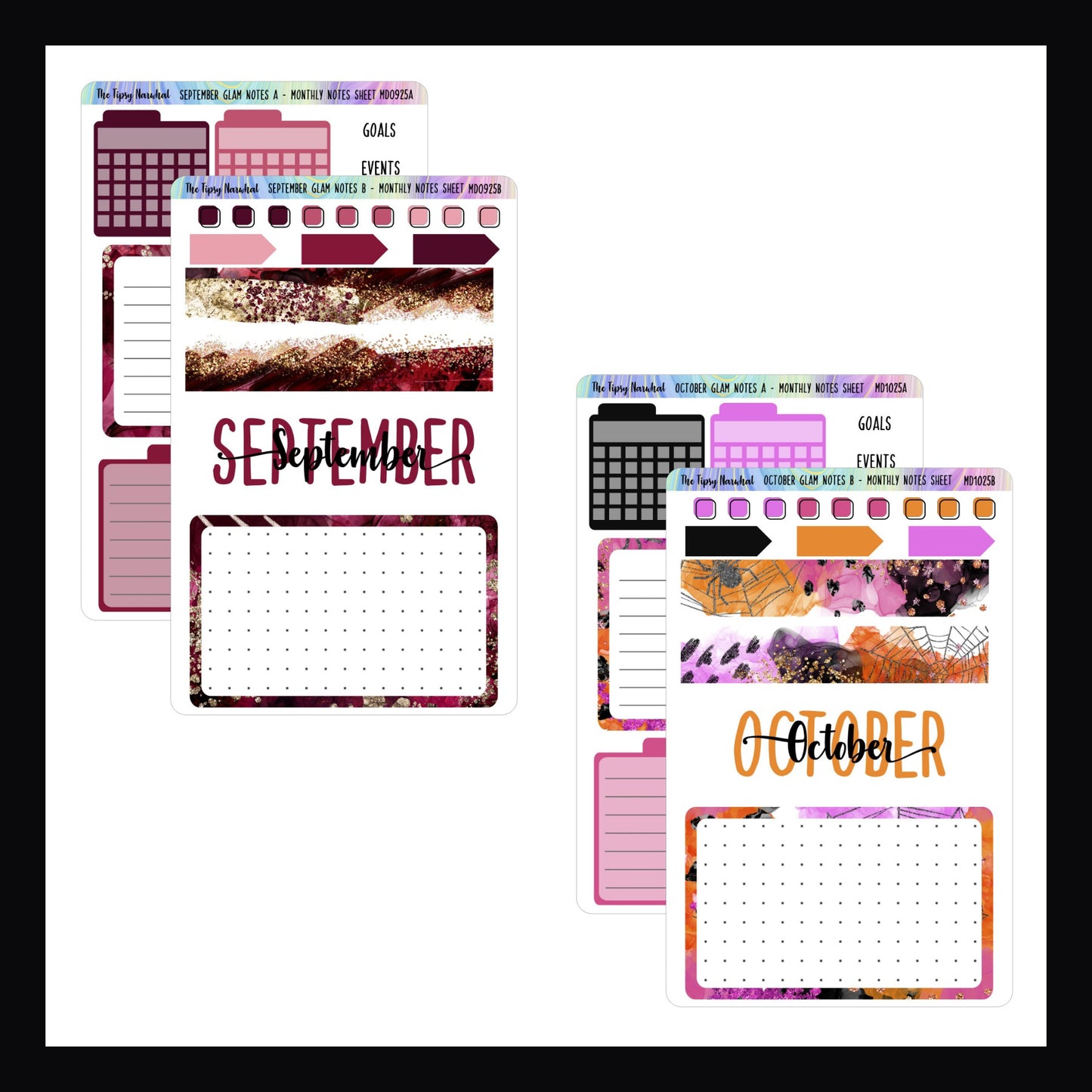 September and October Monthly Note Page Kits.  September features a deep red color palette.  Octobers color palette consists of black pink and orange. 