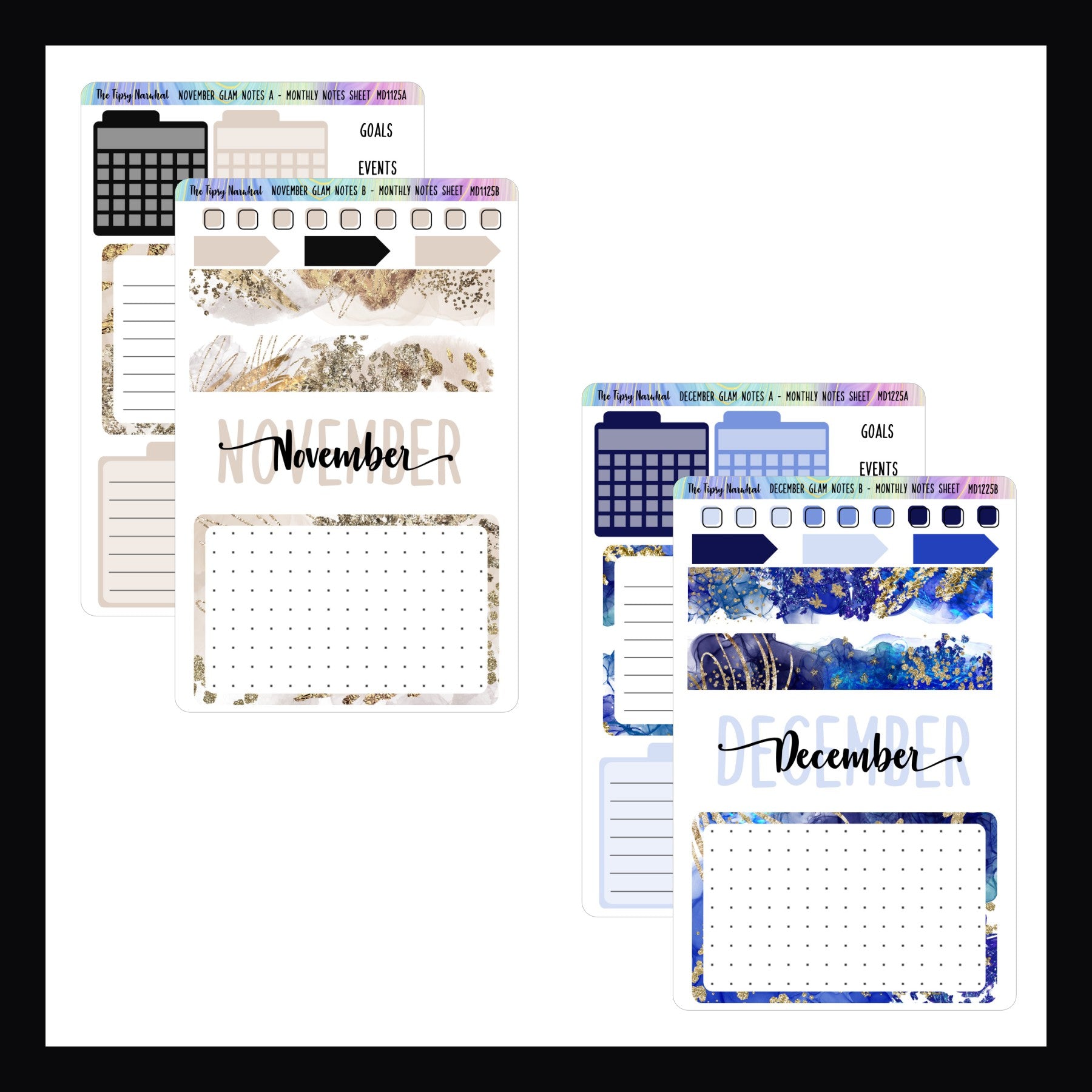 November and December Monthly Note Page Kits.  November features a sophisticated neutral and black color scheme.  December features a cobalt blue color palette. 
