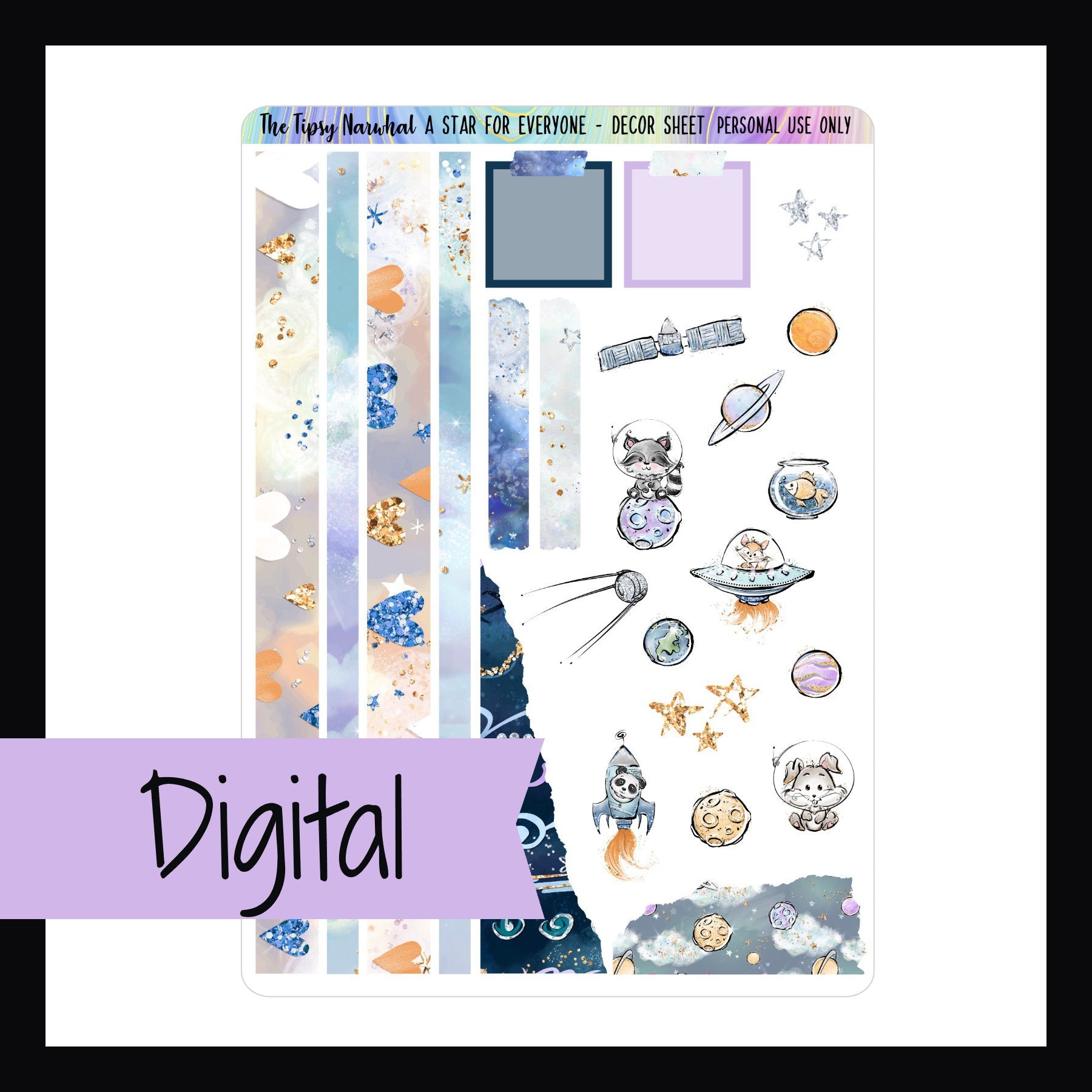 Digital A Star For Everyone Decor Sheet is a digital printable version of the A Star For Everyone Decor Sheet.  It features various woodland animals venturing into space.