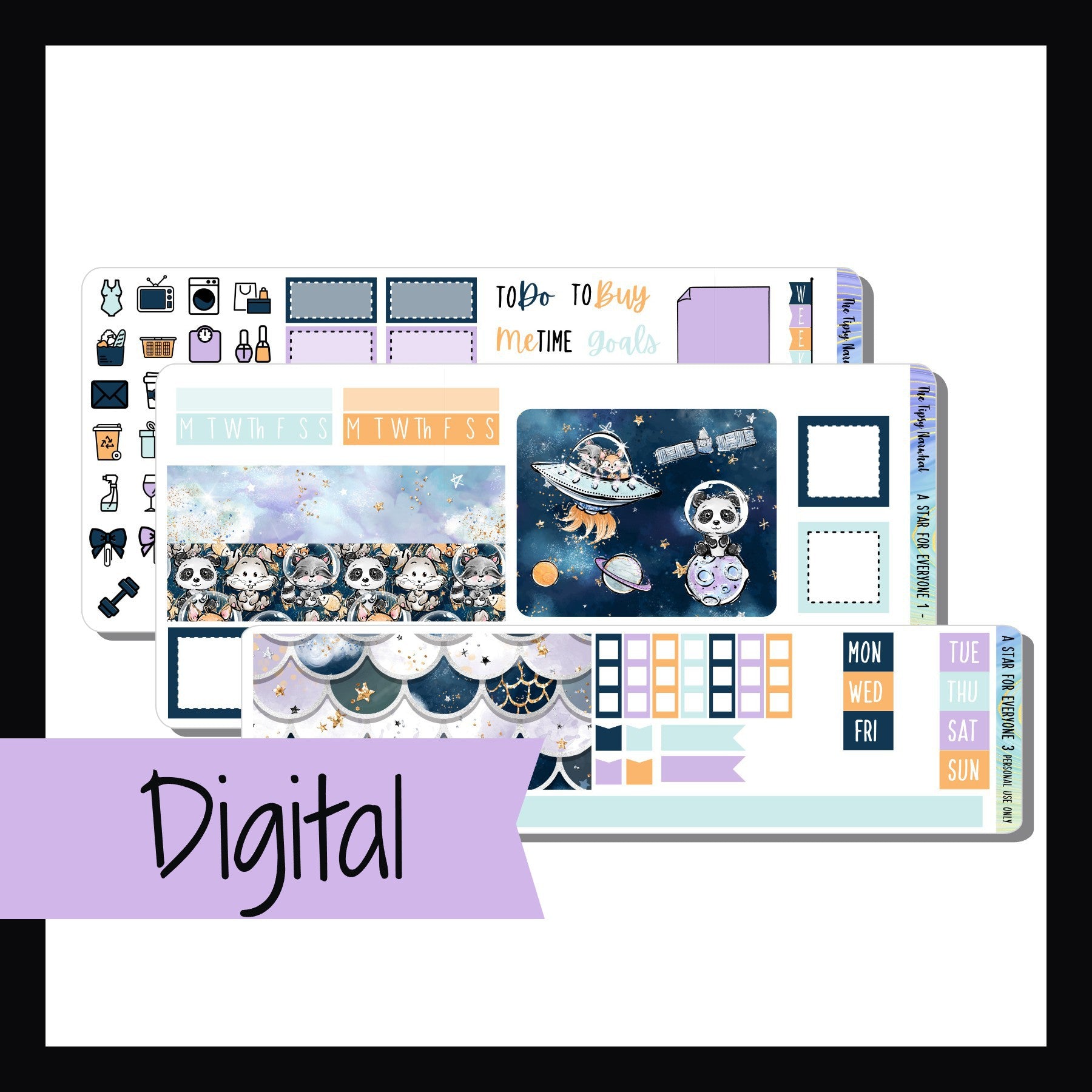 Digital A Star For Everyone Hobonichi Weeks Kit is a digital printable version of the A Star For Everyone Hobonichi Weeks Kit.  It's a 3 page sticker kit designed to fit the Hobonichi Weeks. 