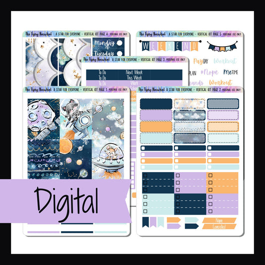 Digital A Star For Everyone Vertical Kit is a digital printable version of the A Star For Everyone Vertical Kit.  It is a 5 page sticker kit sized to fit most vertical style planners.  The kit features adorable woodland animals venturing into space.