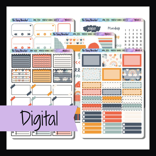 Digital April 2024 Monthly Bundle is a digital/printable version of the April Monthly bundle.  It is a 5 page sticker kit featuring a limited edition color palette. April's them is "April showers" and features cheerful patterns and a bright yellow and blue color palette. 