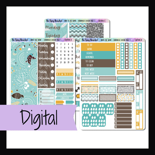 The Digital Birds the Word Hobonichi Cousin Kit is the digital/printable version of the standard kit.  It is a 3 page sticker kit sized to fit the Cousin planner.  It features a bird theme in a bold color palette of yellows blues and browns. 