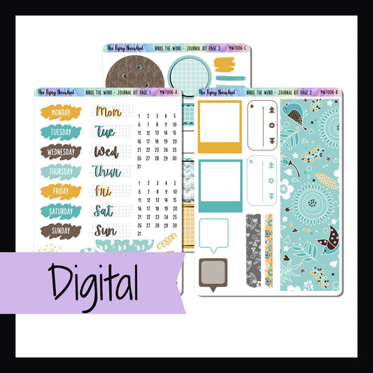 Digital Birds the Word Journal kit is a digital/printable version of the journal kit by the same name.  It is a three page kit featuring a cheerful bird theme with a bold color palette of yellows, blues and brown. 