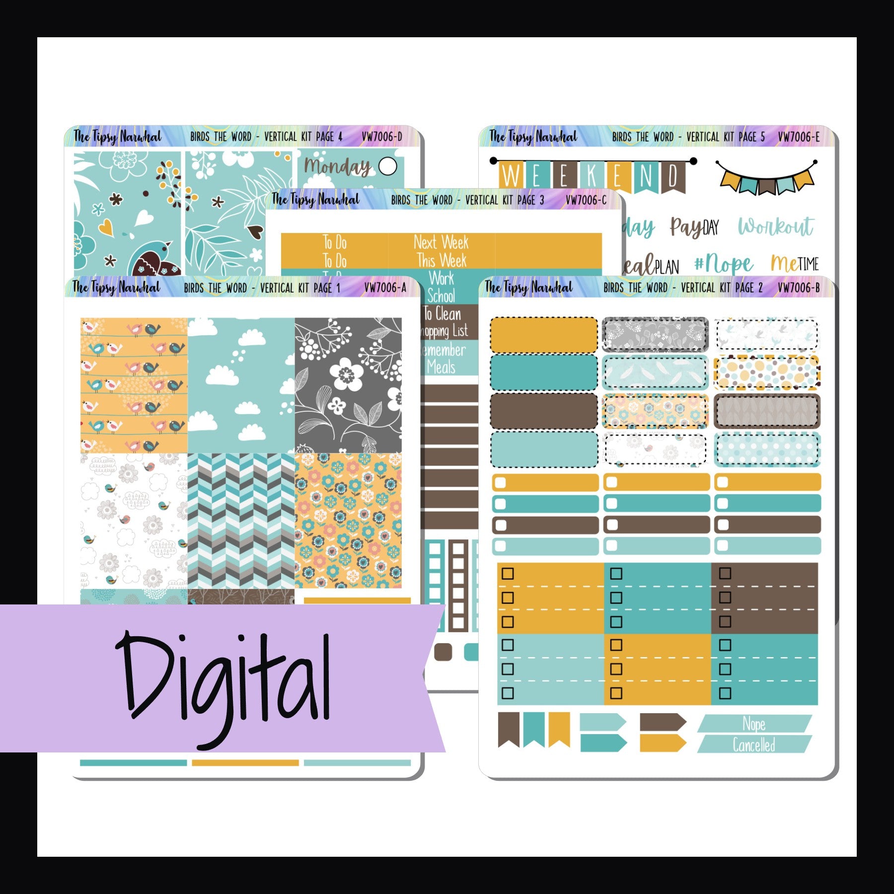Digital Birds the Word Vertical Kit is a digital/printable version of the vertical kit by the same name. It is a 5 page sticker kit with a bird theme and a bright color palette of yellows, teals and browns. 