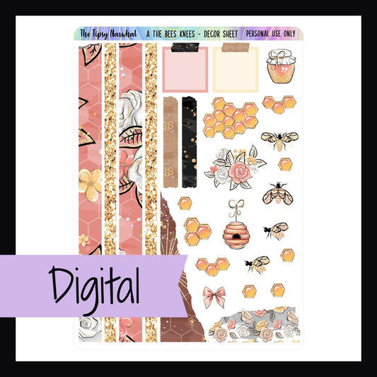 Digital The Bees Knees Decor Sheet is a digital printable version of The Bees Knees Decor.  This honey bee themed sticker sheet features several washi strips, some torn stickers and decorative elements. 