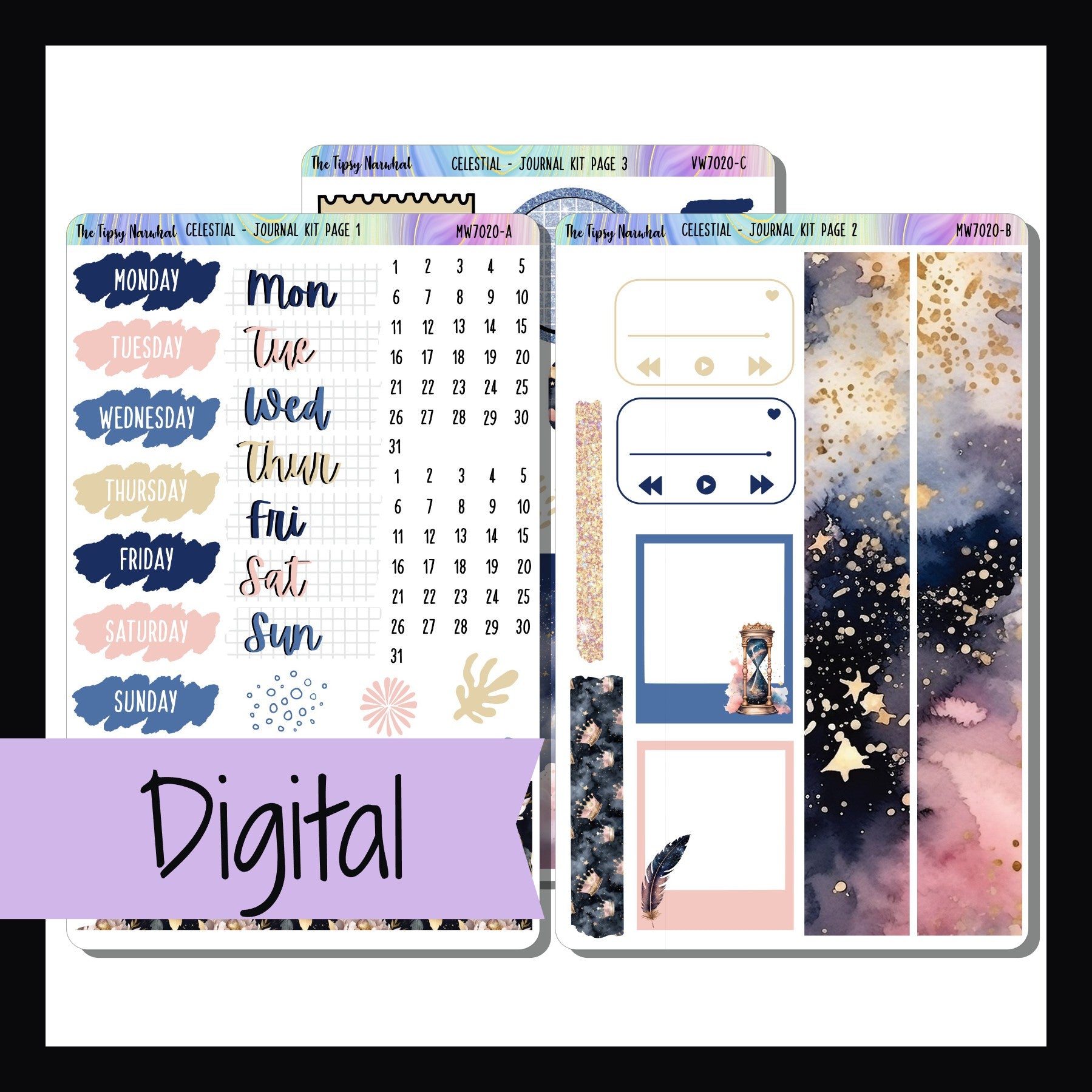 Digital Celestial Journal Kit is a printable 3 page kit focused on decorative elements. it features a navy and pink color palette and is celestial themed. 