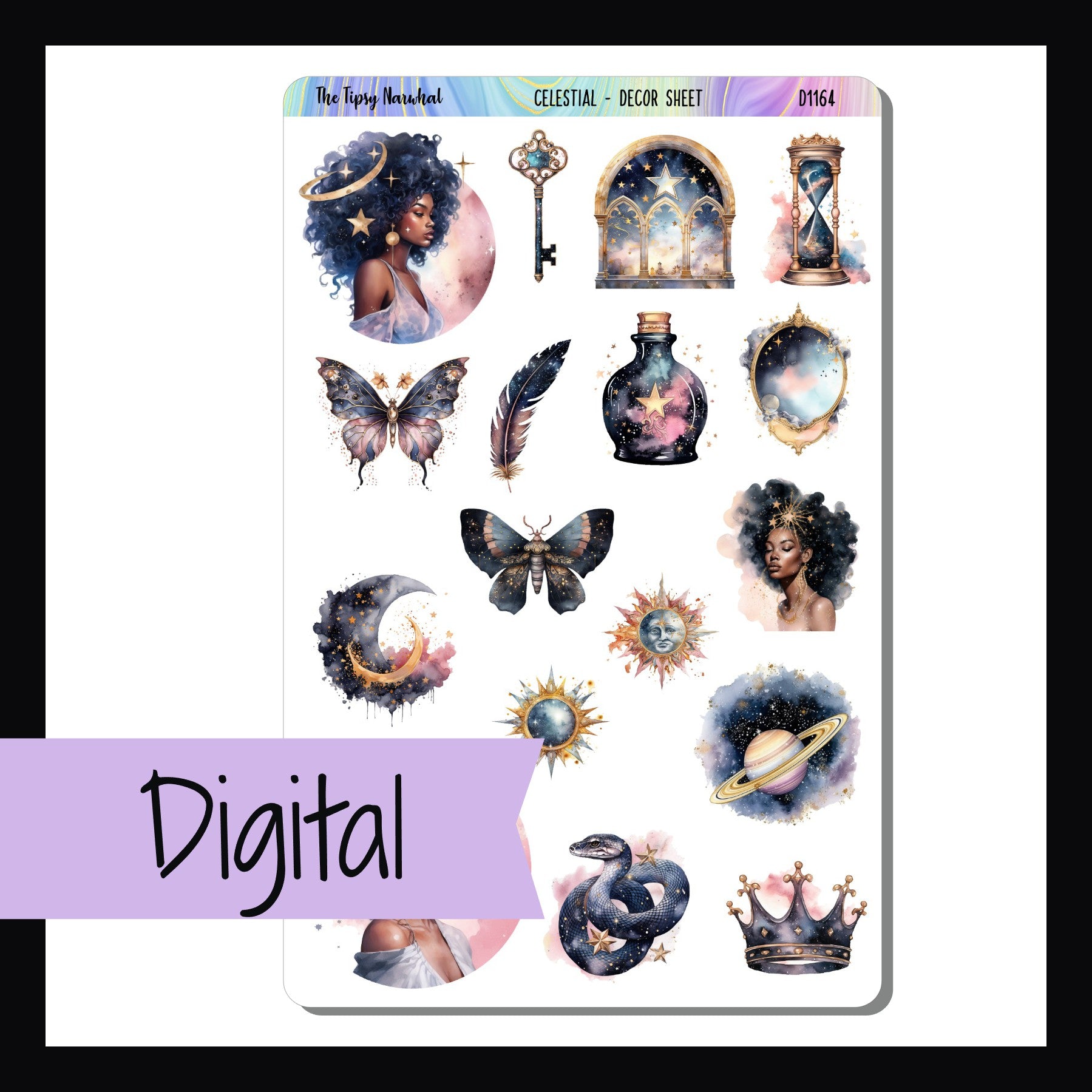Digital Celestial Decor Sheet. Printable decor sheet for planners and journals features several celestial themed stickers and a navy and pink color palette. 