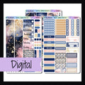 Digital Celestial Hobo Cousin Kit 3 page printable sticker kit for the Hobonichi Cousin.  Kit features a navy and pink color palette and is celestial themed. 