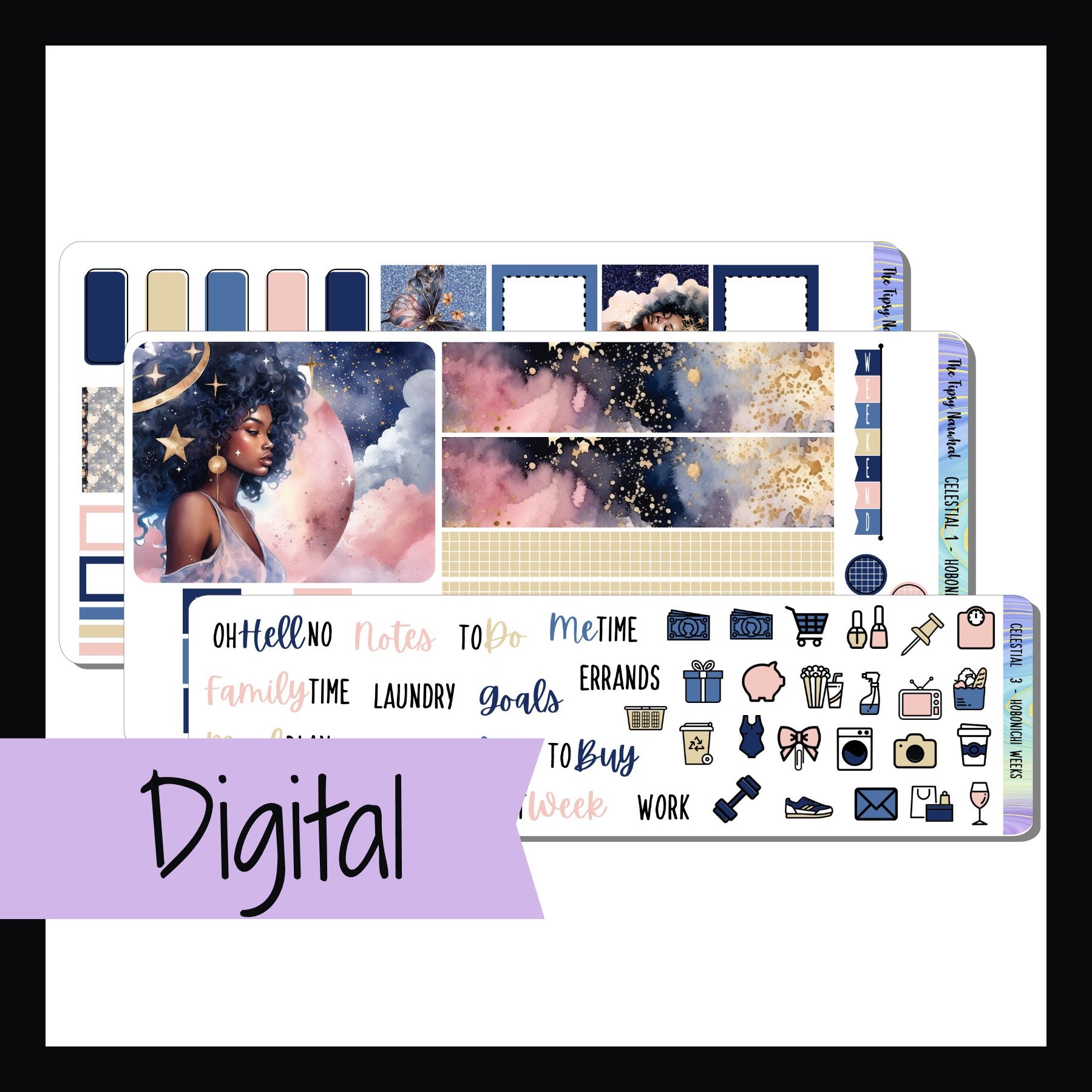 Digital Celestial Hobo Weeks Kit is a 3 page printable sticker kit for Hobonichi Weeks. Features a navy and pink color palette and celestial theme. 