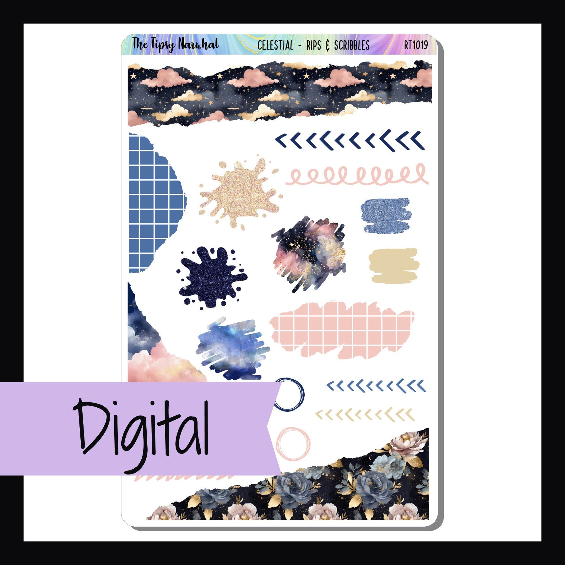 Digital Celestial Rips & Scribbles.  Sticker sheet on white background. Printable sticker sheet features various scribbled design stickers and stickrs with ripped appearance.