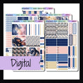 Digital Celestial Vertical Weekly Kit 5 page planner stickers on white background.  Digital kit includes files for all 5 pages features navy and pink color palette with celestial theme. 