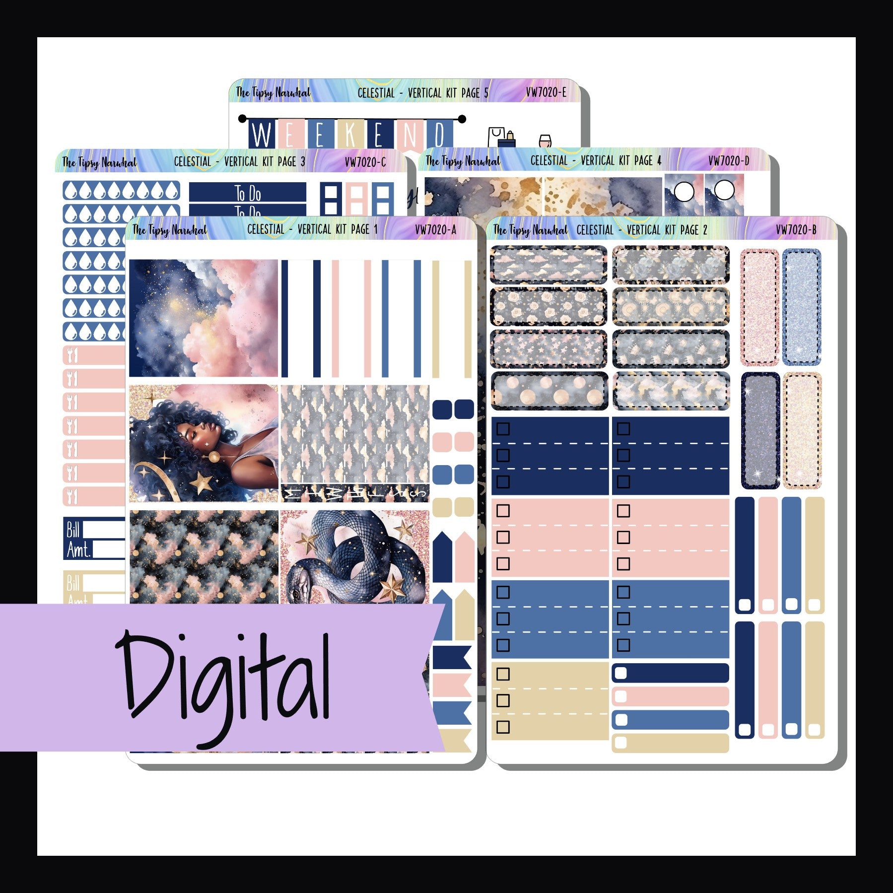 Digital Celestial Vertical Weekly Kit 5 page planner stickers on white background.  Digital kit includes files for all 5 pages features navy and pink color palette with celestial theme. 
