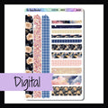 Digital Celestial Washi Sheet on white background. Printable planner stickers feature a navy and pink color palette and celestial theme. 