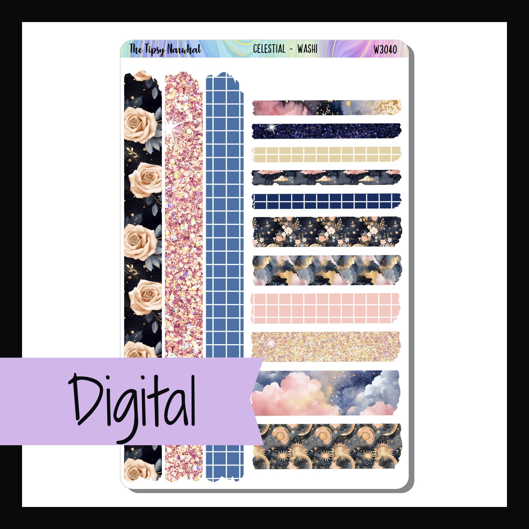 Digital Celestial Washi Sheet on white background. Printable planner stickers feature a navy and pink color palette and celestial theme. 