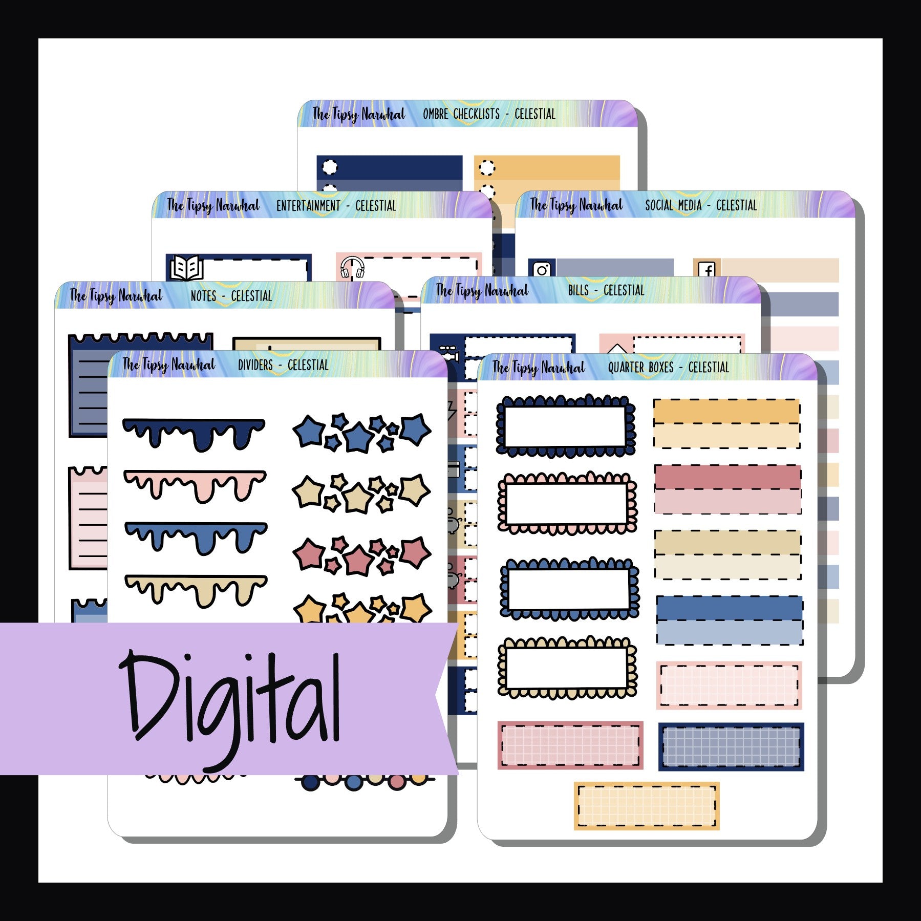 Digital Celestial Functional Kit - a collection of 7 printable planner sticker sheets. Matches the Celestial weekly kits with a color palette of navy blush and gold. 