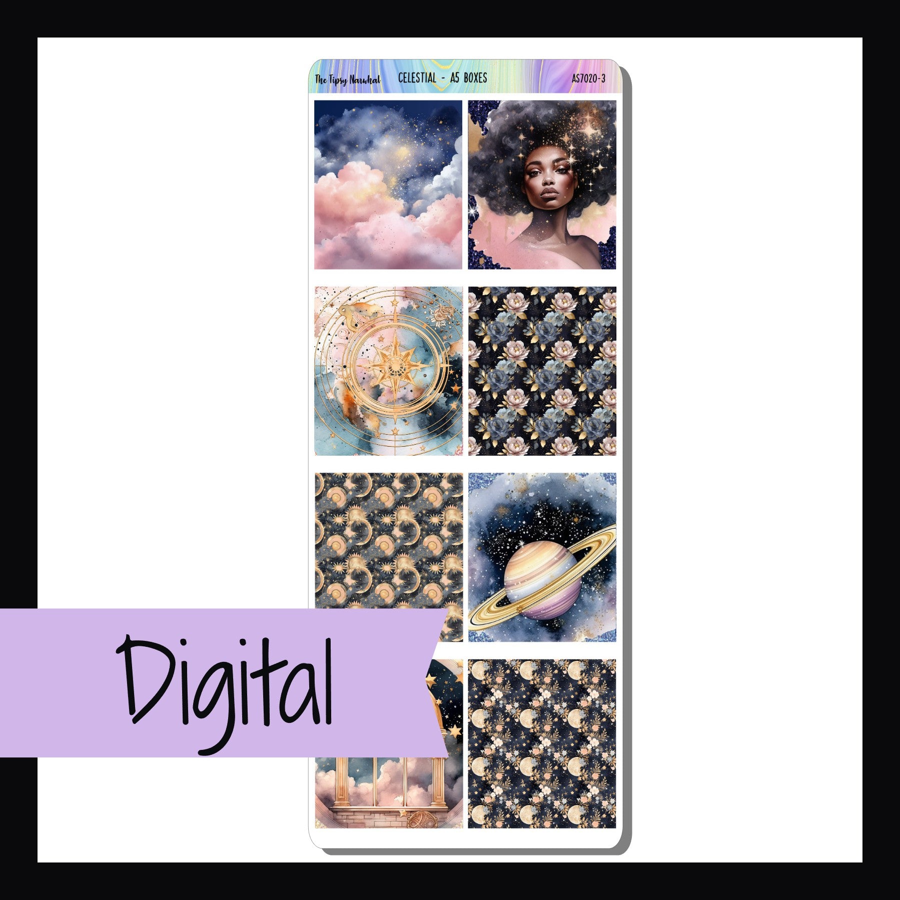 Digital Celestial A5 Decor boxes sticker sheet on white background. Printable planner stickers feature a navy and pink color palette and celestial theme. 