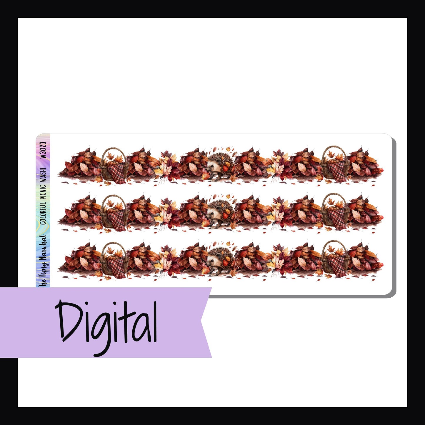 Digital Colorful Picnic Washi is a digital printable version of the sticker sheet by the same name.  It features three strips of washi stickers featuring fallen leaves, picnic baskets and hedgehogs.