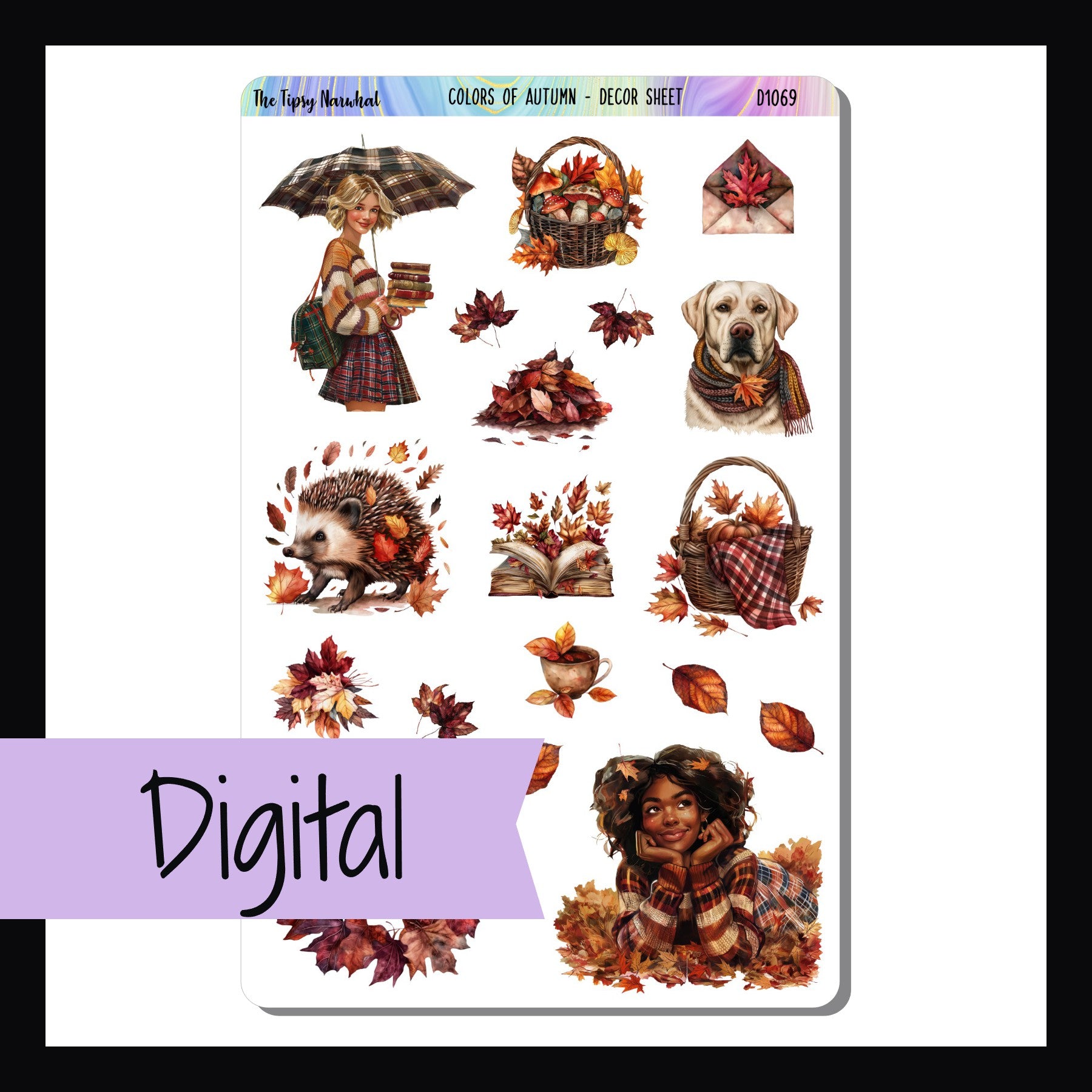 Digital Colors of Autumn Decor Sheet is a digital/printable version of the sticker sheet by the same name.  It features several fall themed stickers.