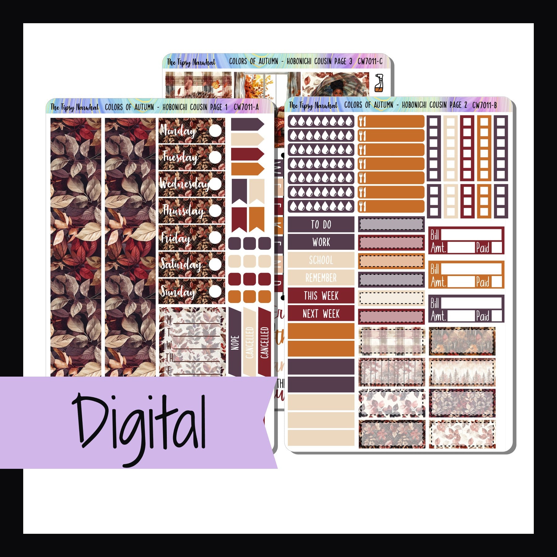 The Digital Colors of Autumn Hobonichi Cousin Kit is a digital/printable version of the sticker kit by the same name.  It is a three page kit featuring a fall theme with rich hues of red, orange, plum and cream.