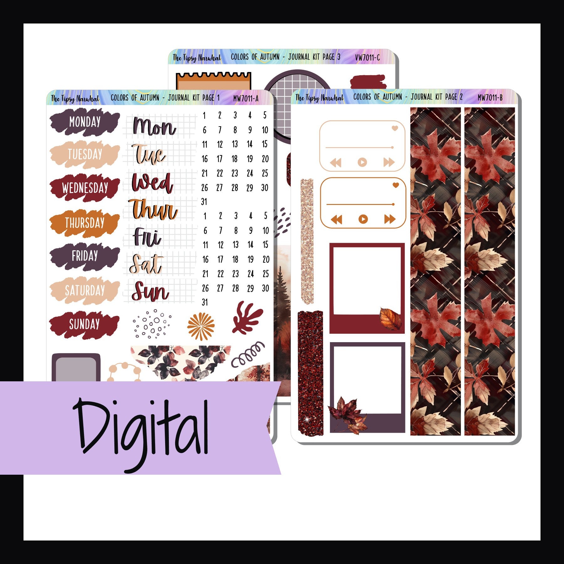 Digital Colors of Autumn Journal Kit is a digital printable version of the sticker kit with the same name.  It is a three page sticker kit focused on decor.  It features a fall theme with a rich color palette of reds, oranges, plums, and cream.