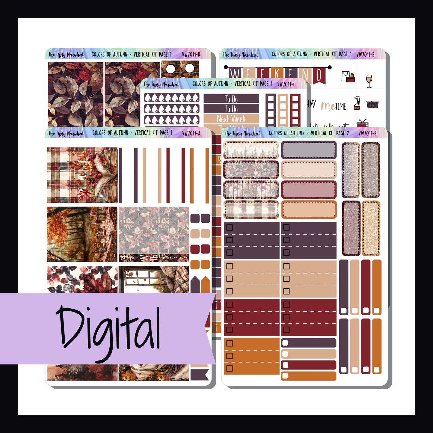 Digital Colors of Autumn Vertical Kit is a digital/printable version of the sticker kit with the same name.  It is a 5 page sticker kit sized to fit vertical style planners.  It features a fall theme with a rich color palette of reds, oranges, plums, and cream.