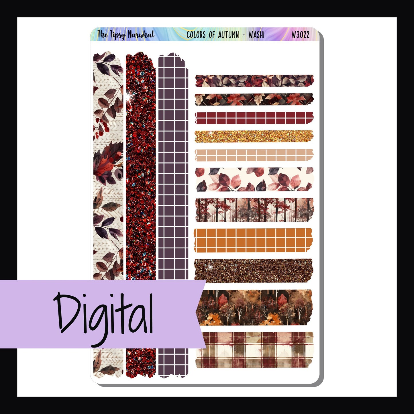 Digital Colors of Autumn Washi sheet is a digital printable version of the sticker sheet by the same name.   It features 14 washi strip stickers and coordinates with the Colors of Autumn Weekly Kits.