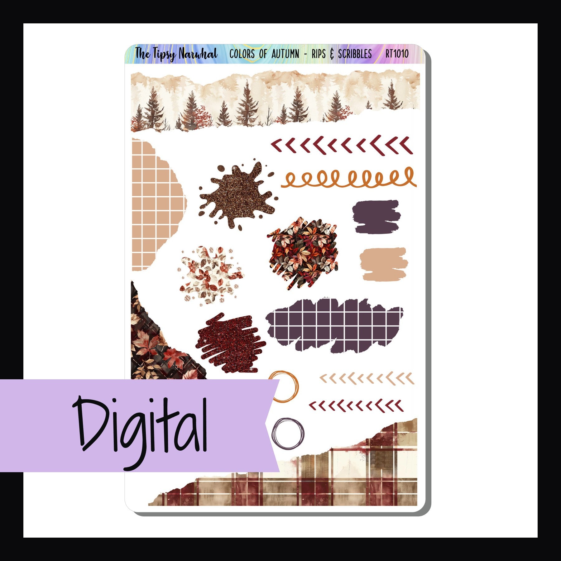 Digital Colors of Autumn Rips & Scribbles sheet is a digital printable version of the sticker sheet by the same name. It features several stickers with a torn, splashed or scribbled appearance.  It coordinates with the Colors of Autumn Weekly Kits. 