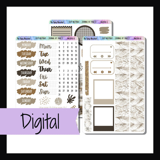 Digital Cozy Neutrals Journal Kit is a digital/printable version of the sticker kit by the same name.  It is a 3 page kit designed with journals in mind.  It features a cozy autumn aesthetic and a neutral color palette. 