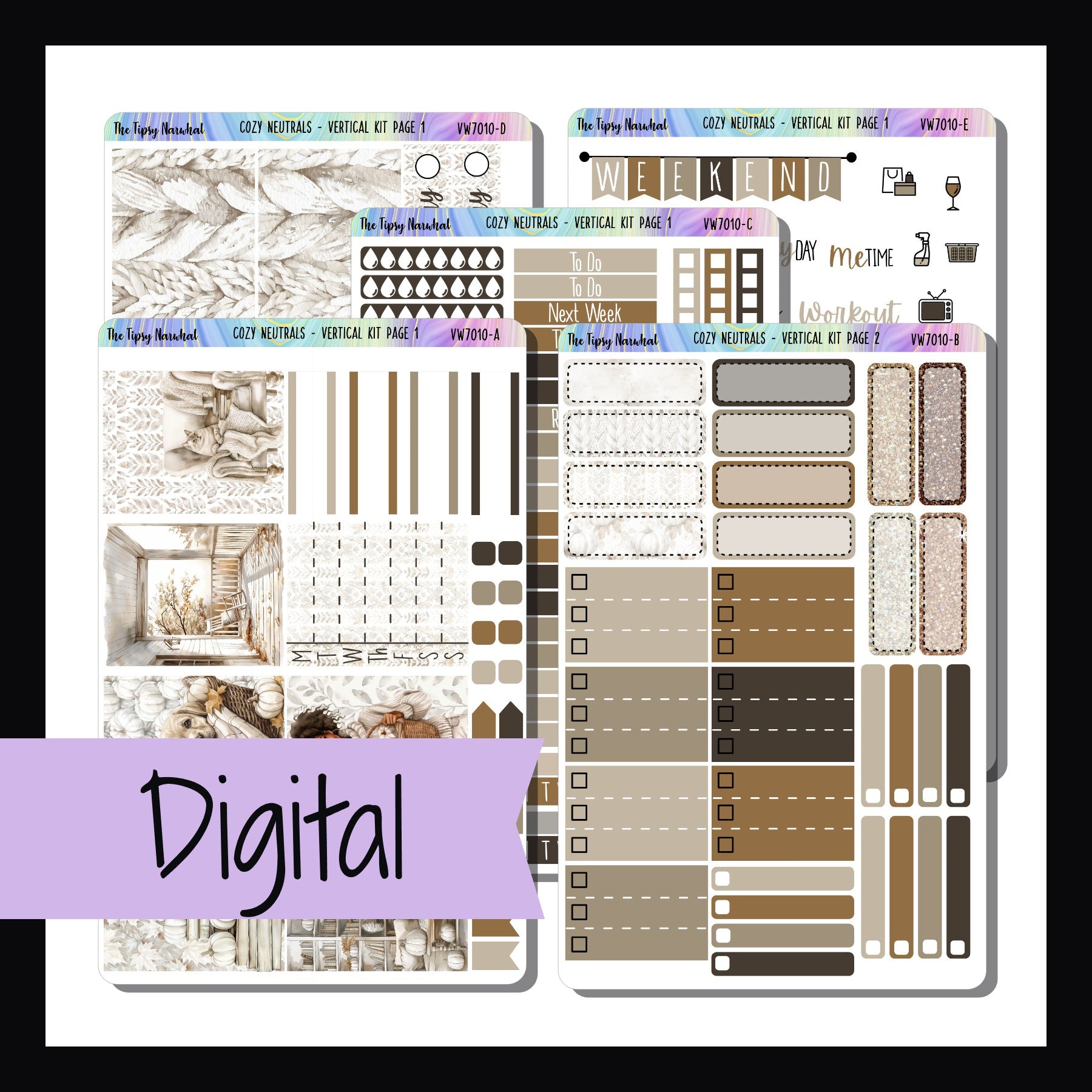 Digital Cozy Neutrals Vertical Kit is a digital/printable version of the kit by the same name.  It is a 5 page sticker kit designed with vertical planners in mind.  It features a cozy autumn aesthetic with a neutral color palette.