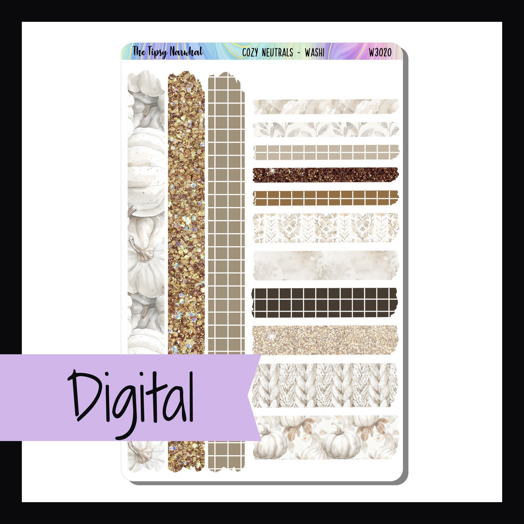 Digital Cozy Neutrals Washi Sheet is a digital/printable version of the sticker sheet by the same name.  It features 14 strips of washi tape each of which coordinates with the Cozy Neutrals Kits. 