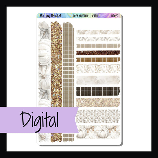 Digital Cozy Neutrals Washi Sheet is a digital/printable version of the sticker sheet by the same name.  It features 14 strips of washi tape each of which coordinates with the Cozy Neutrals Kits. 