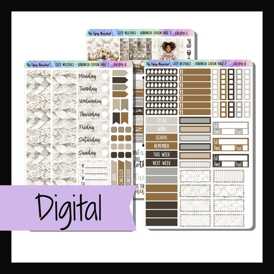 The Digital Cozy Neutrals Hobonichi Cousin Kit is a three page sticker kit designed to fit the Hobonichi Cousin planner.  The theme is a cozy fall aesthetic with a neutral color palette. 
