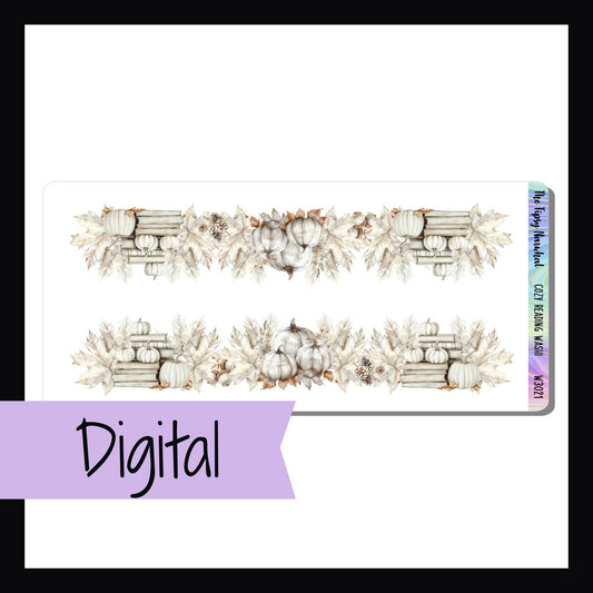 The Digital Cozy Reading Washi sheet is the digital/printable version of the washi sticker by the same name.  It features two strips of fancy cut washi each coordinating with the Cozy Neutrals weekly kits.