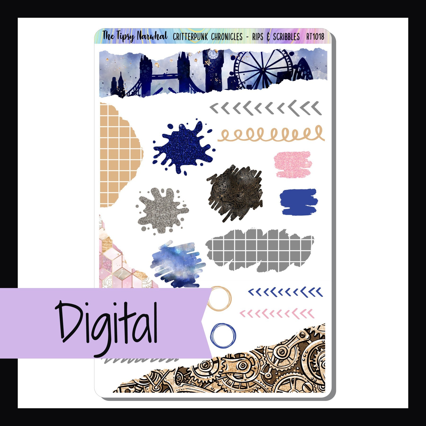 The Digital Critterpunk Chronicles Rise & Scribbles Sheet is a digital/printable version of the sticker kit by the same name.  The download contains PDF, JPEG, and PNG image files as well as a SVG cut file. 