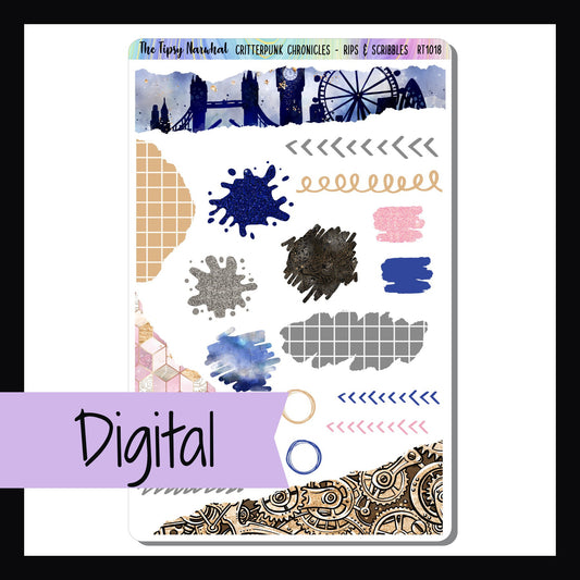 The Digital Critterpunk Chronicles Rise & Scribbles Sheet is a digital/printable version of the sticker kit by the same name.  The download contains PDF, JPEG, and PNG image files as well as a SVG cut file. 