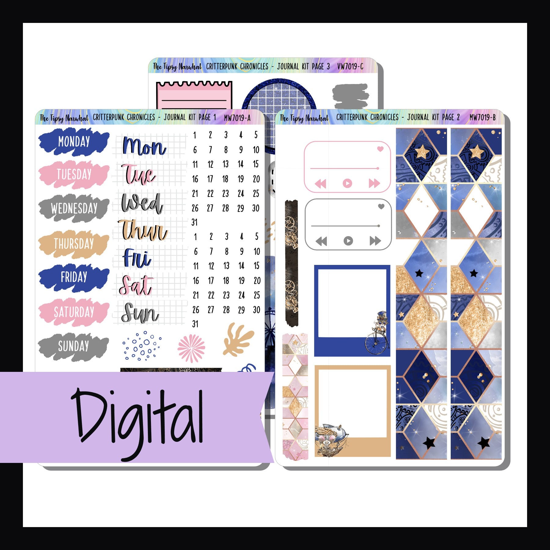The Digital Critterpunk Chronicles Journal Kit is a digital/printable version of the sticker kit with the same name.  The download includes JPEG, PNG, and PDF image files as well as a SVG cut file. 