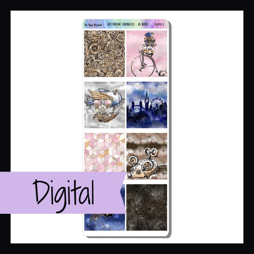 Digital Critterpunk Chronicles A5 Deco Boxes is a digital/printable version of the sticker sheet with the same name.  The download includes PDF, PNG, and JPEG image files as well as a SVG cut file. 