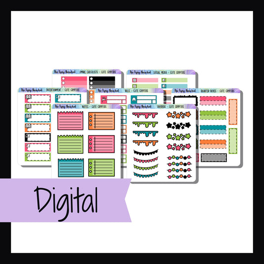 Digital Cute Cryptids Functional Add-ons Set is a digital/printable version of the functional add-ons available in the shop.  The set contains 7 sheets of various functional stickers. 