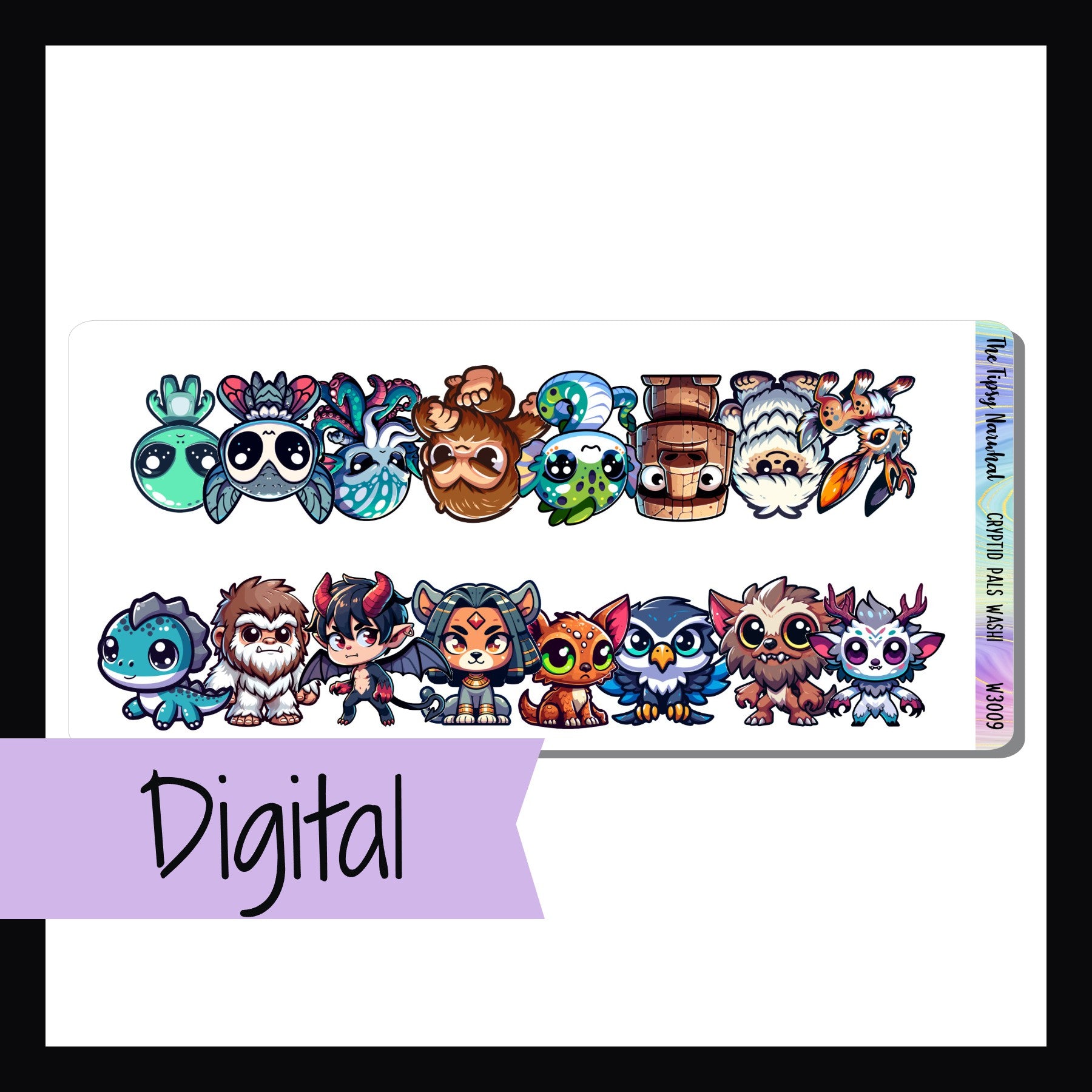 The Digital Cryptid Pals Washi Sheet is a digital printable version of the Cryptid Pals Washi Sheet.  It features two washi strips each approximately 7 inches long.  Each strip features a collection of adorable cryptid creatures. 